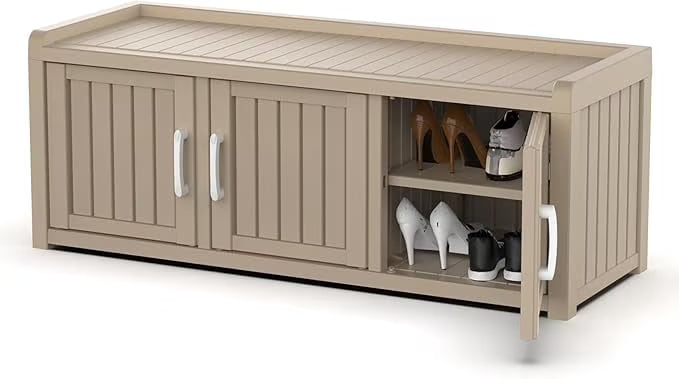 Joxxoaa storage Benches 120 Gallon 3-Door Shoe Cabinet – Resin Shoe Bench with Storage for Entryway & Hallway (Grey, Three-Door)