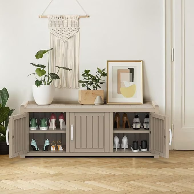 Joxxoaa storage Benches 120 Gallon 3-Door Shoe Cabinet – Resin Shoe Bench with Storage for Entryway & Hallway (Grey, Three-Door)