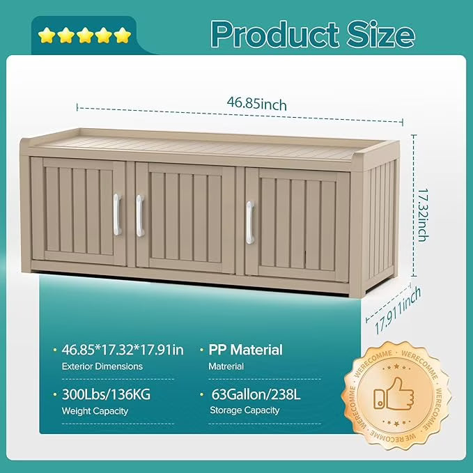 Joxxoaa storage Benches 120 Gallon 3-Door Shoe Cabinet – Resin Shoe Bench with Storage for Entryway & Hallway (Grey, Three-Door)