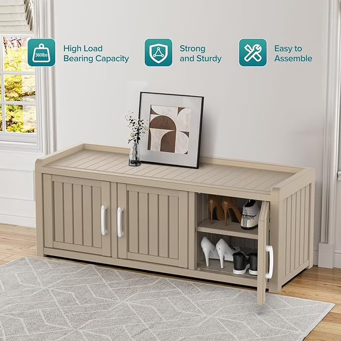 Joxxoaa storage Benches 120 Gallon 3-Door Shoe Cabinet – Resin Shoe Bench with Storage for Entryway & Hallway (Grey, Three-Door)