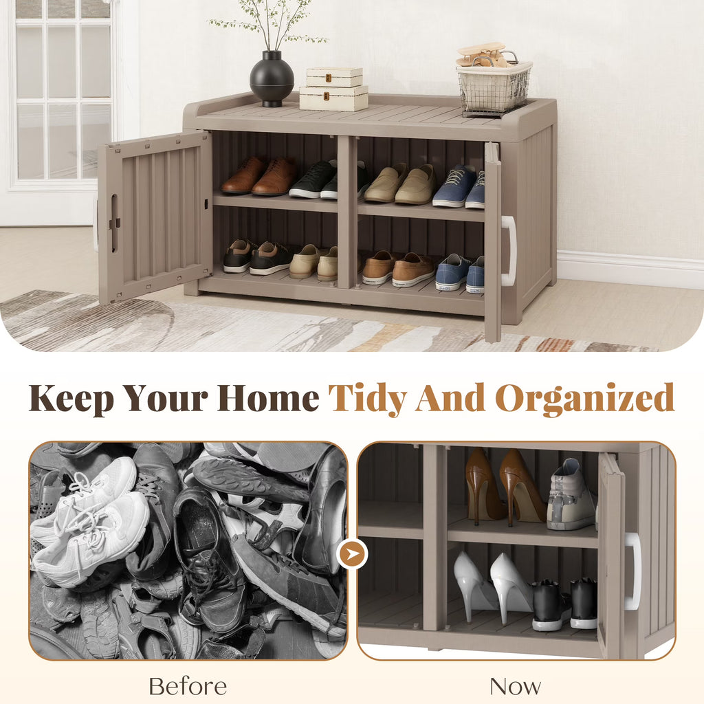 Joxxoaa storage Benches Double-Door Shoe Cabinet – Resin Storage Bench with Shoe Rack for Entryway (Grey, Dual-Sided)