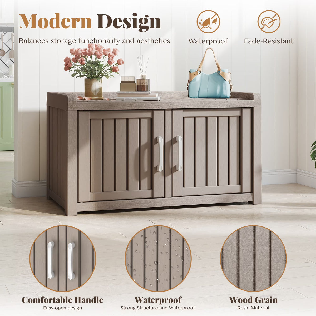 Joxxoaa storage Benches Double-Door Shoe Cabinet – Resin Storage Bench with Shoe Rack for Entryway (Grey, Dual-Sided)
