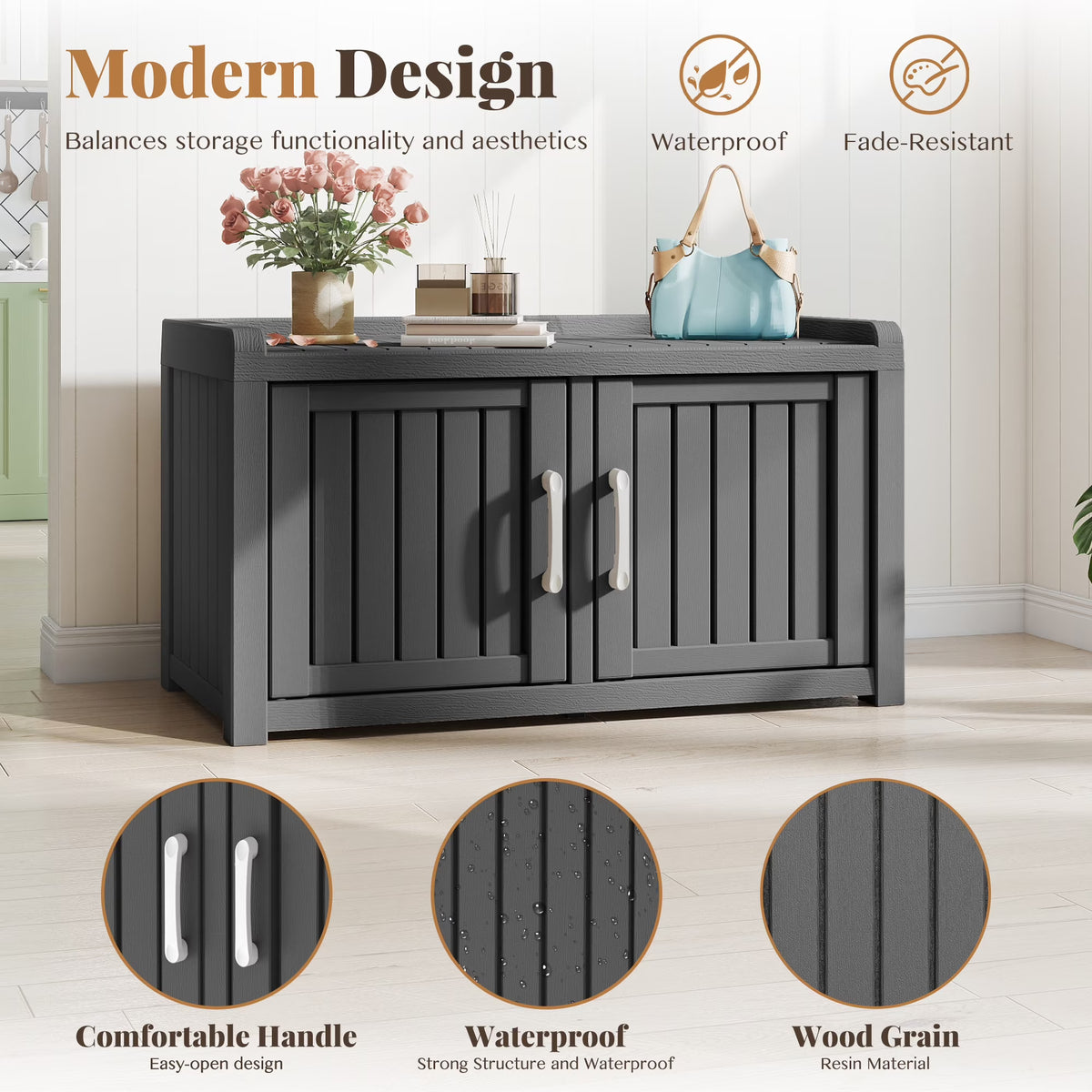 Joxxoaa storage Benches Double-Door Shoe Cabinet – Resin Storage Bench with Shoe Rack for Entryway (Black, Dual-Sided)