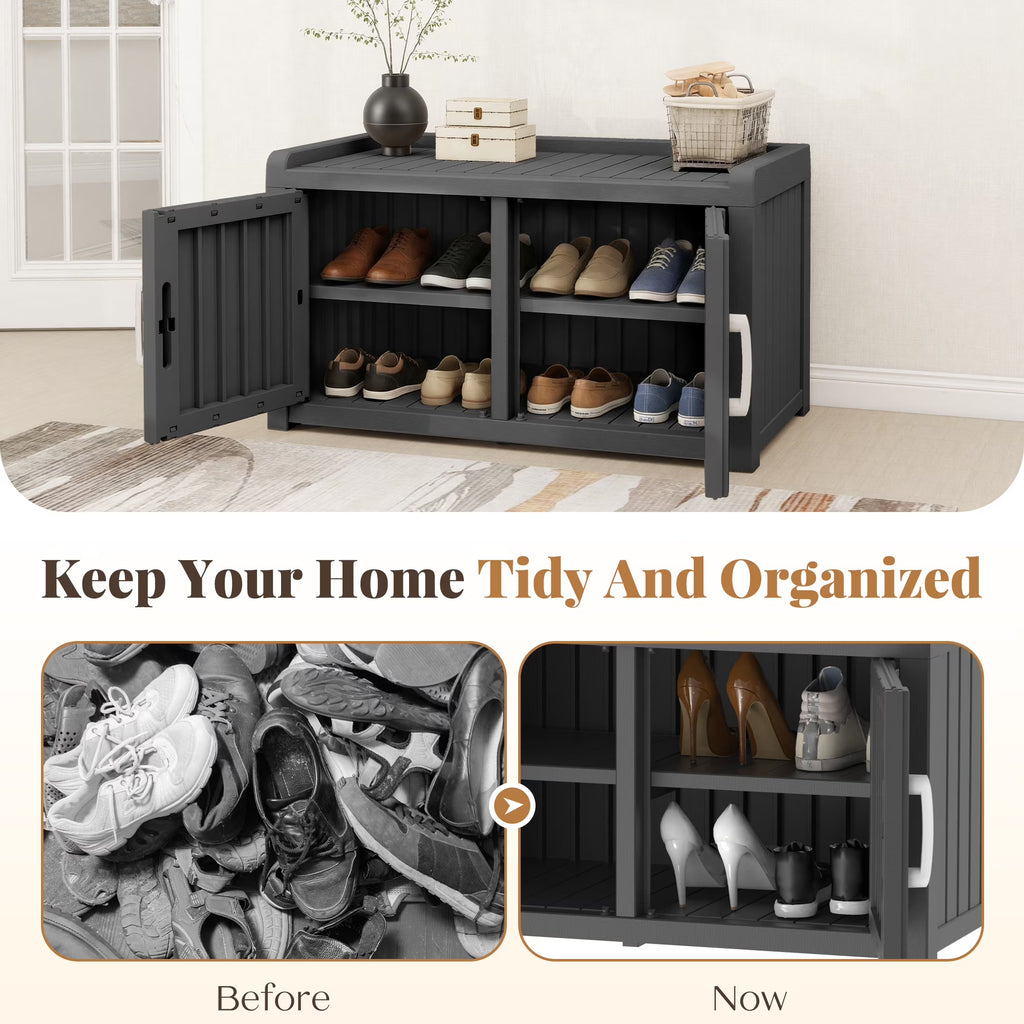 Joxxoaa storage Benches Double-Door Shoe Cabinet – Resin Storage Bench with Shoe Rack for Entryway (Black, Dual-Sided)