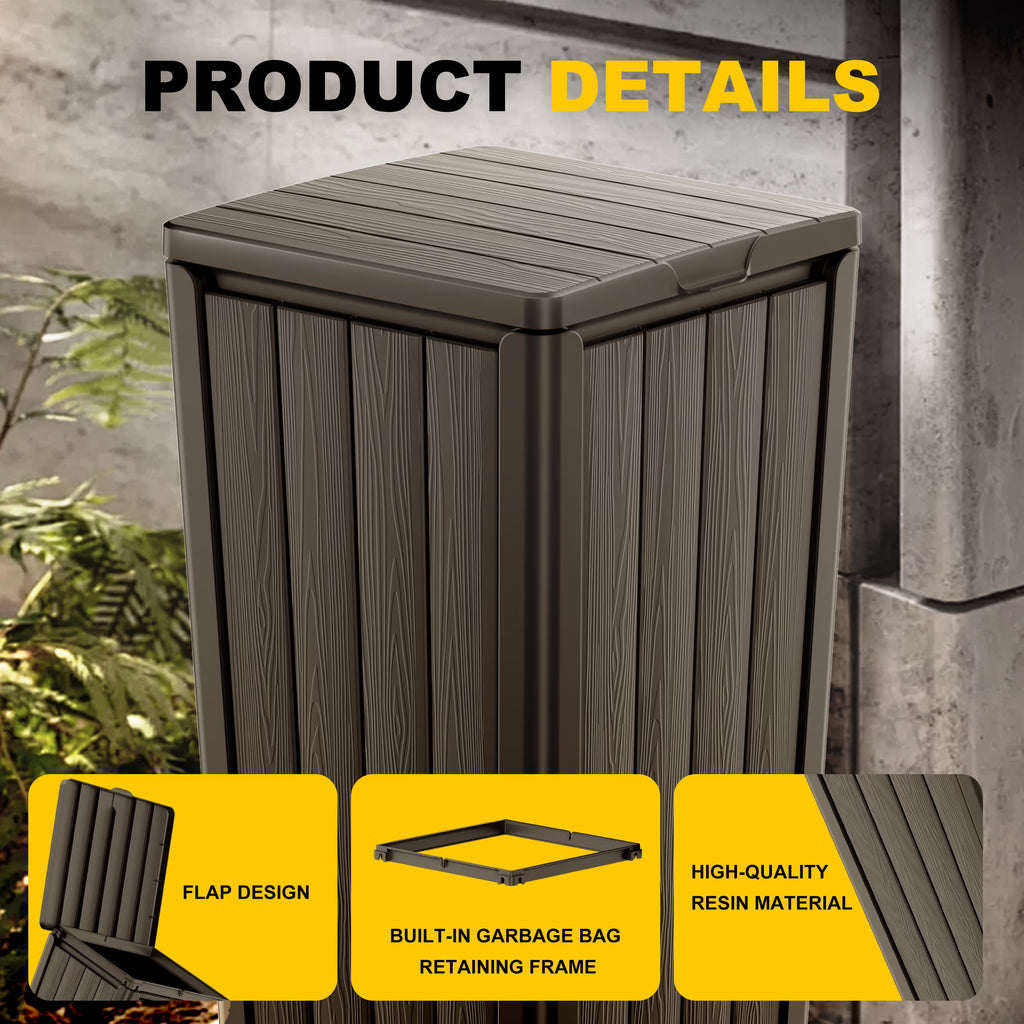 Joxxoaa Outdoor Resin Trash Hideaway, Large Capacity Waste Container with Lid for Patio Backyard Garden, Brown.