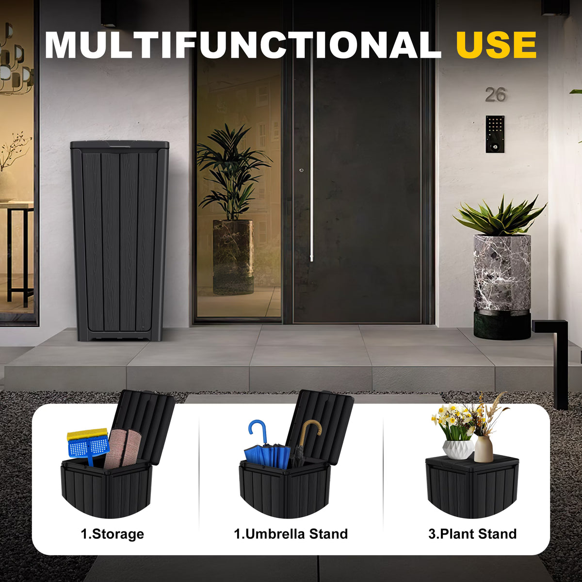 Joxxoaa Outdoor Resin Trash Hideaway, Large Capacity Waste Container with Lid for Patio Backyard Garden, Black.
