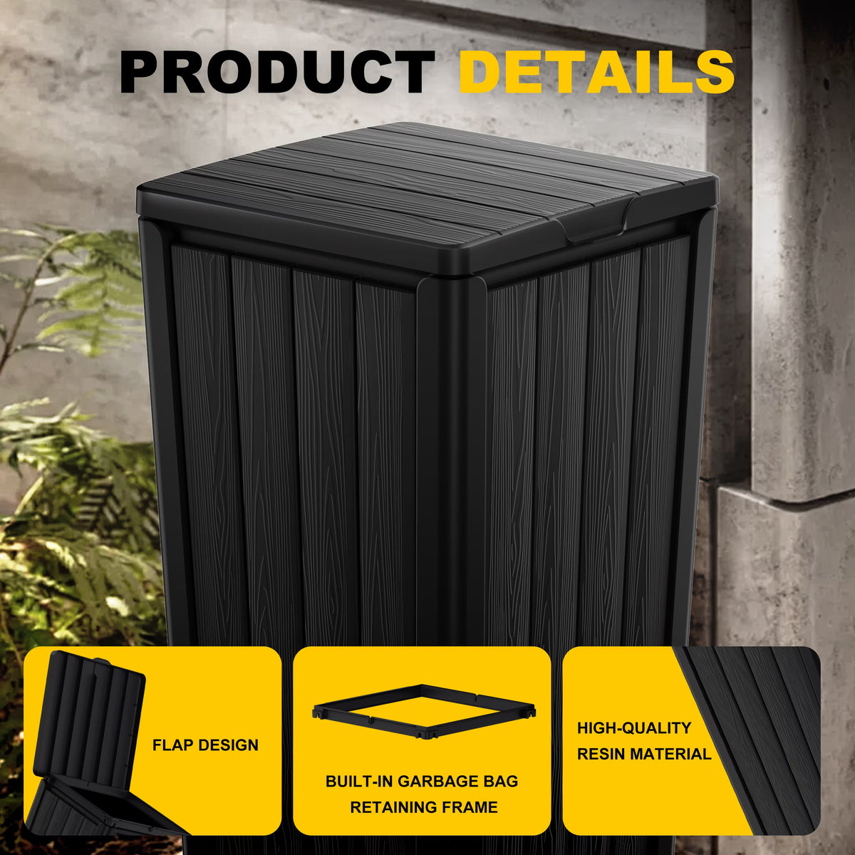 Joxxoaa Outdoor Resin Trash Hideaway, Large Capacity Waste Container with Lid for Patio Backyard Garden, Black.