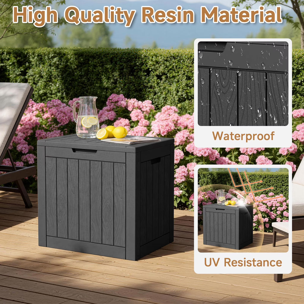 Joxxoaa 30 Gallon Resin Outdoor Storage Box & Patio Side Table for Balcony, Pool, Deck & Garden Accessories, Weather‑Resistant, Black/Brown
