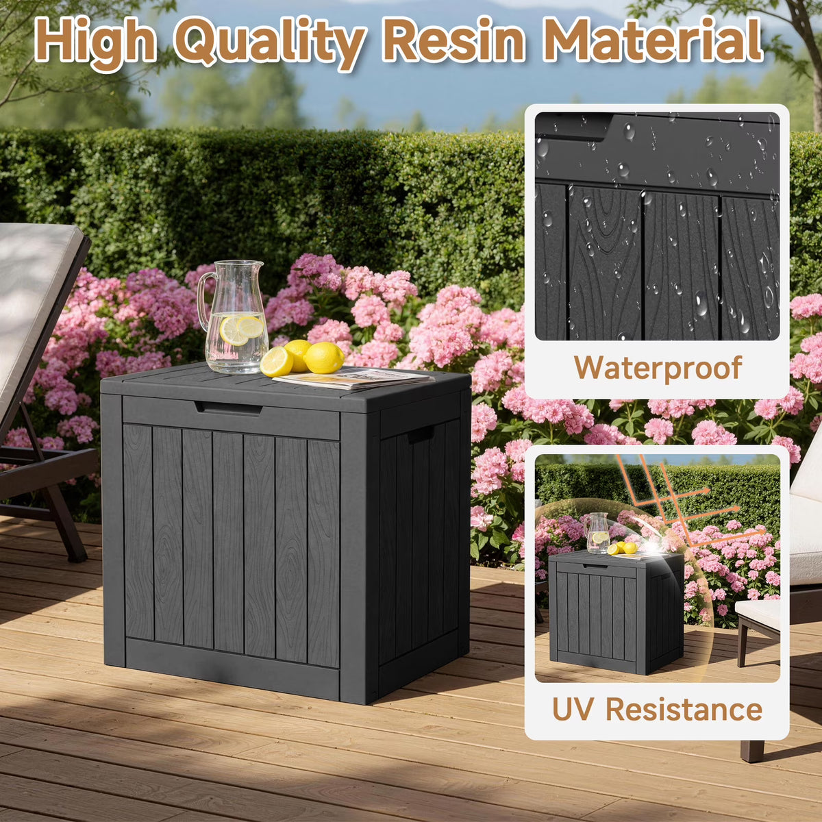 Joxxoaa 30 Gallon Resin Outdoor Storage Box & Patio Side Table for Balcony, Pool, Deck & Garden Accessories, Weather‑Resistant, Black/Brown