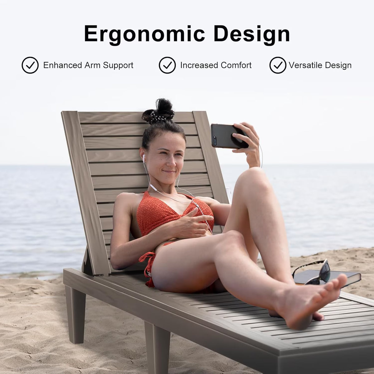 Joxxoaa Plastic Outdoor Chaise Lounge Chair, Adjustable Backrest Weather Resistant Patio Pool Recliner for Backyard Garden, Gray.