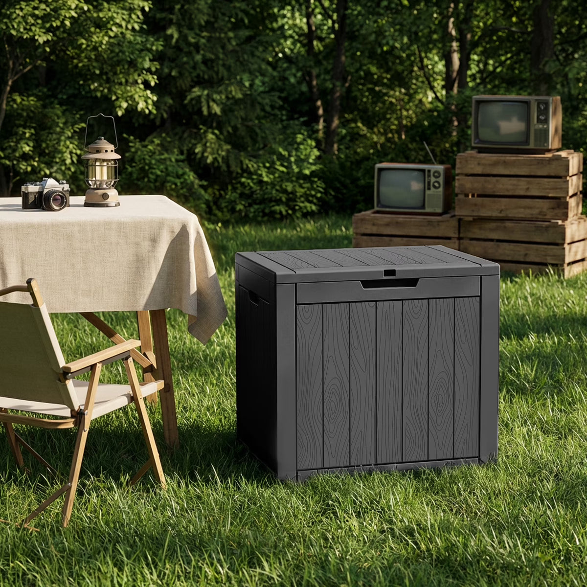 Joxxoaa 30 Gallon Resin Outdoor Storage Box & Patio Side Table for Balcony, Pool, Deck & Garden Accessories, Weather‑Resistant, Black/Brown