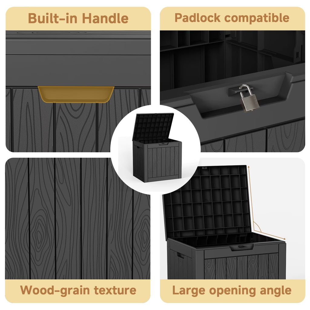 Joxxoaa 30 Gallon Resin Outdoor Storage Box & Patio Side Table for Balcony, Pool, Deck & Garden Accessories, Weather‑Resistant, Black/Brown