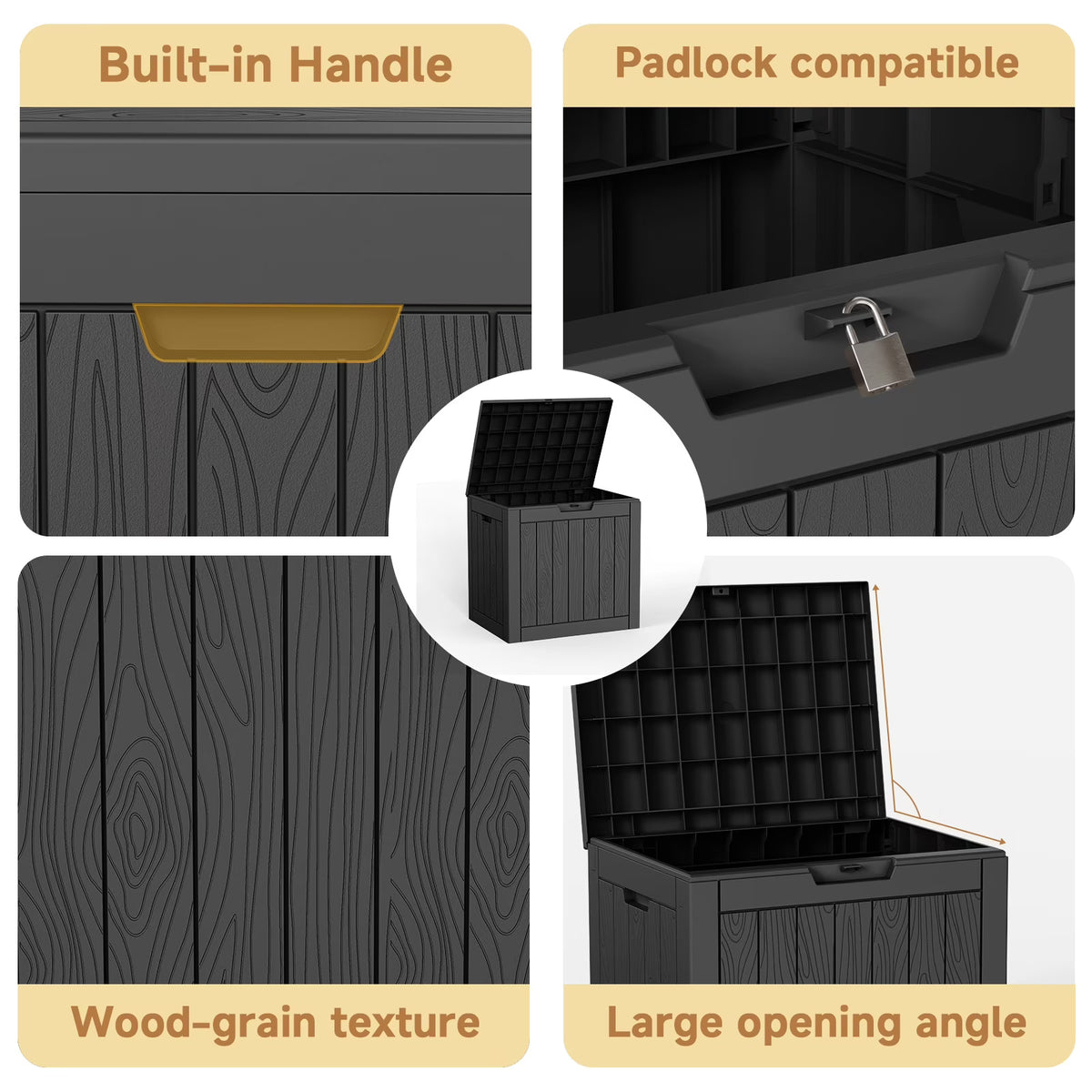 Joxxoaa 30 Gallon Resin Outdoor Storage Box & Patio Side Table for Balcony, Pool, Deck & Garden Accessories, Weather‑Resistant, Black/Brown