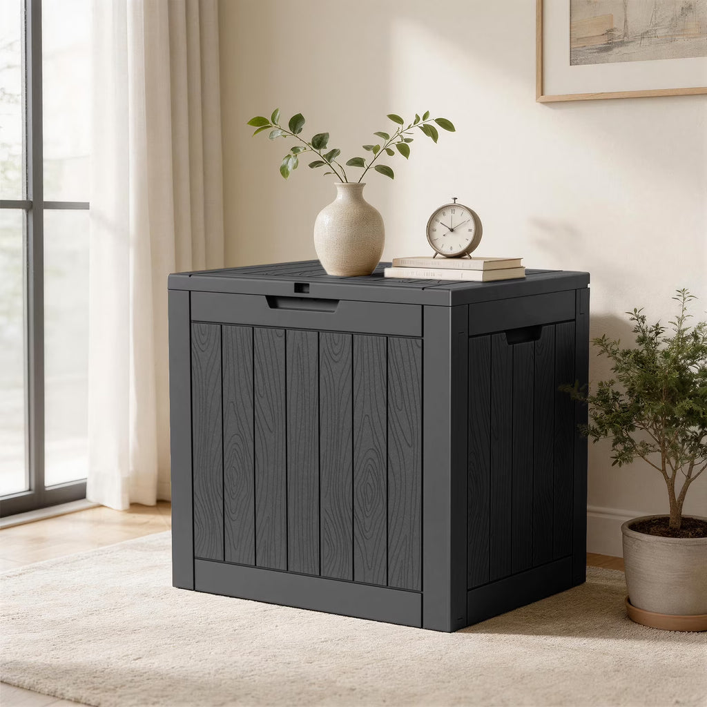 Joxxoaa 30 Gallon Resin Outdoor Storage Box & Patio Side Table for Balcony, Pool, Deck & Garden Accessories, Weather‑Resistant, Black/Brown