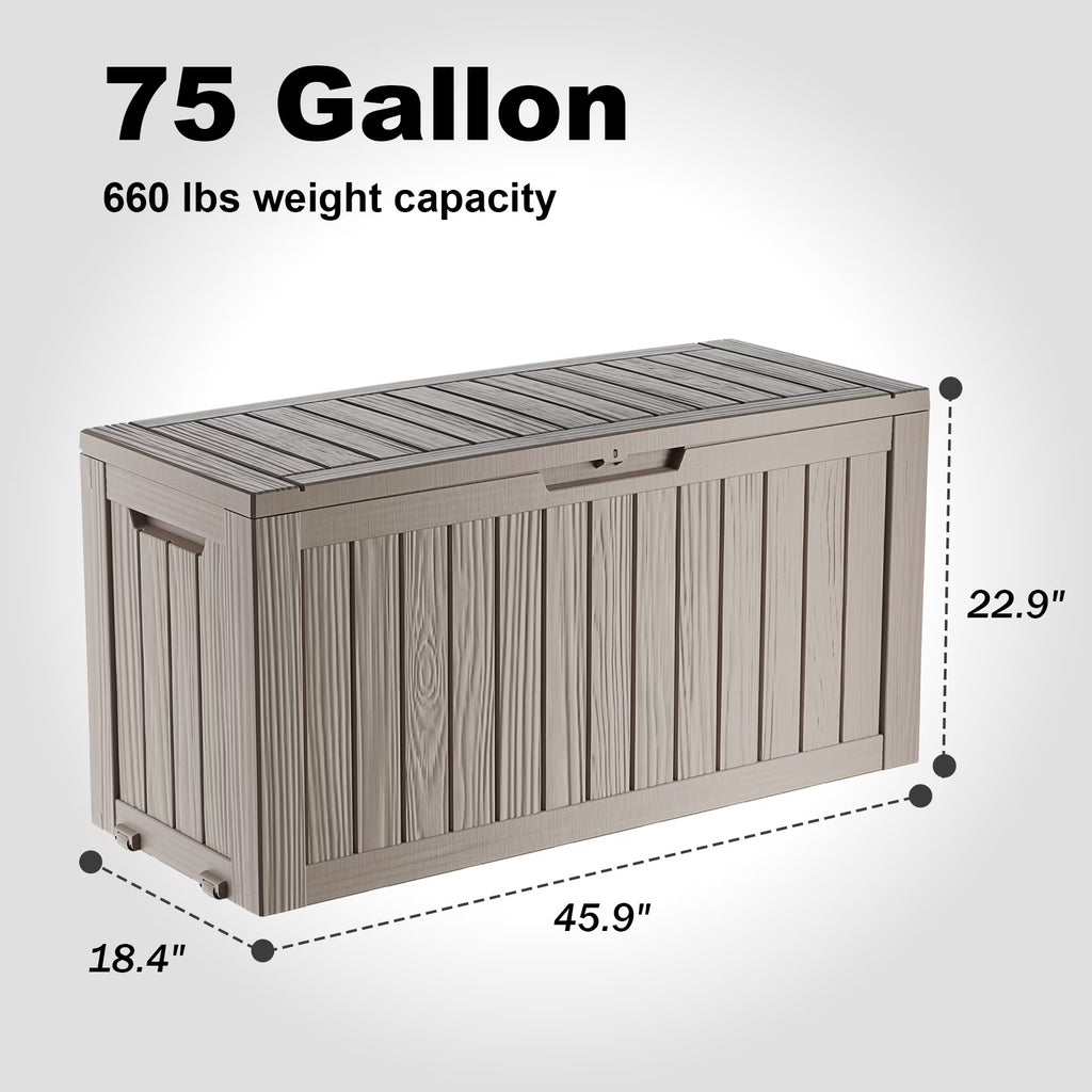 Joxxoaa 75 Gallon Resin Deck Box, Waterproof Indoor & Outdoor Storage Bin for Patio Cushions, Garden Tools and Pool Accessories, Gray