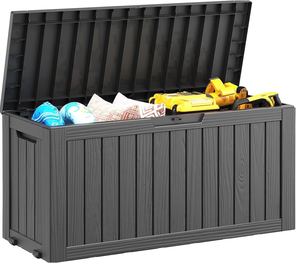 Joxxoaa 75 Gallon Resin Deck Box Waterproof Outdoor Storage Box for Patio Furniture Pool Accessories Indoor Storage for Cushion Garden Tools (75 Gallon, Black).