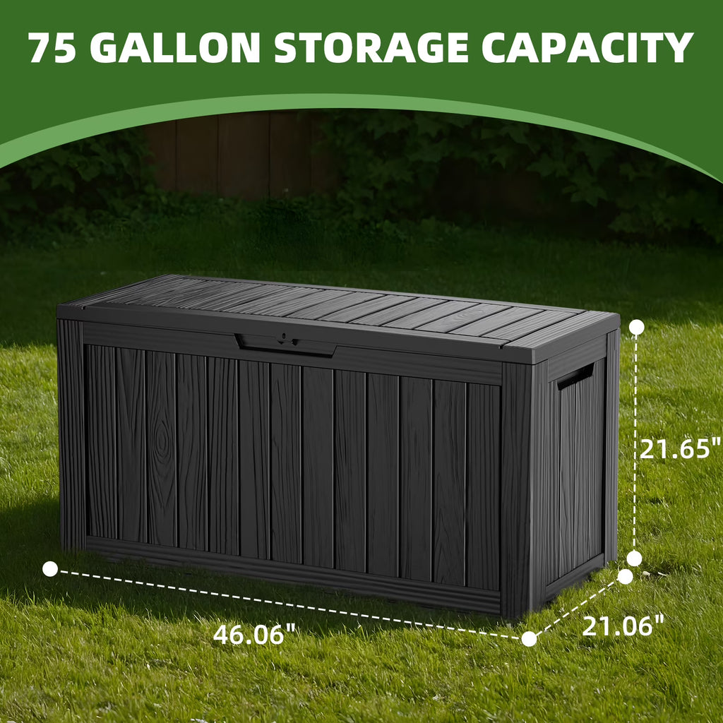 Joxxoaa 75 Gallon Resin Deck Box Waterproof Outdoor Storage Box for Patio Furniture Pool Accessories Indoor Storage for Cushion Garden Tools (75 Gallon, Black).