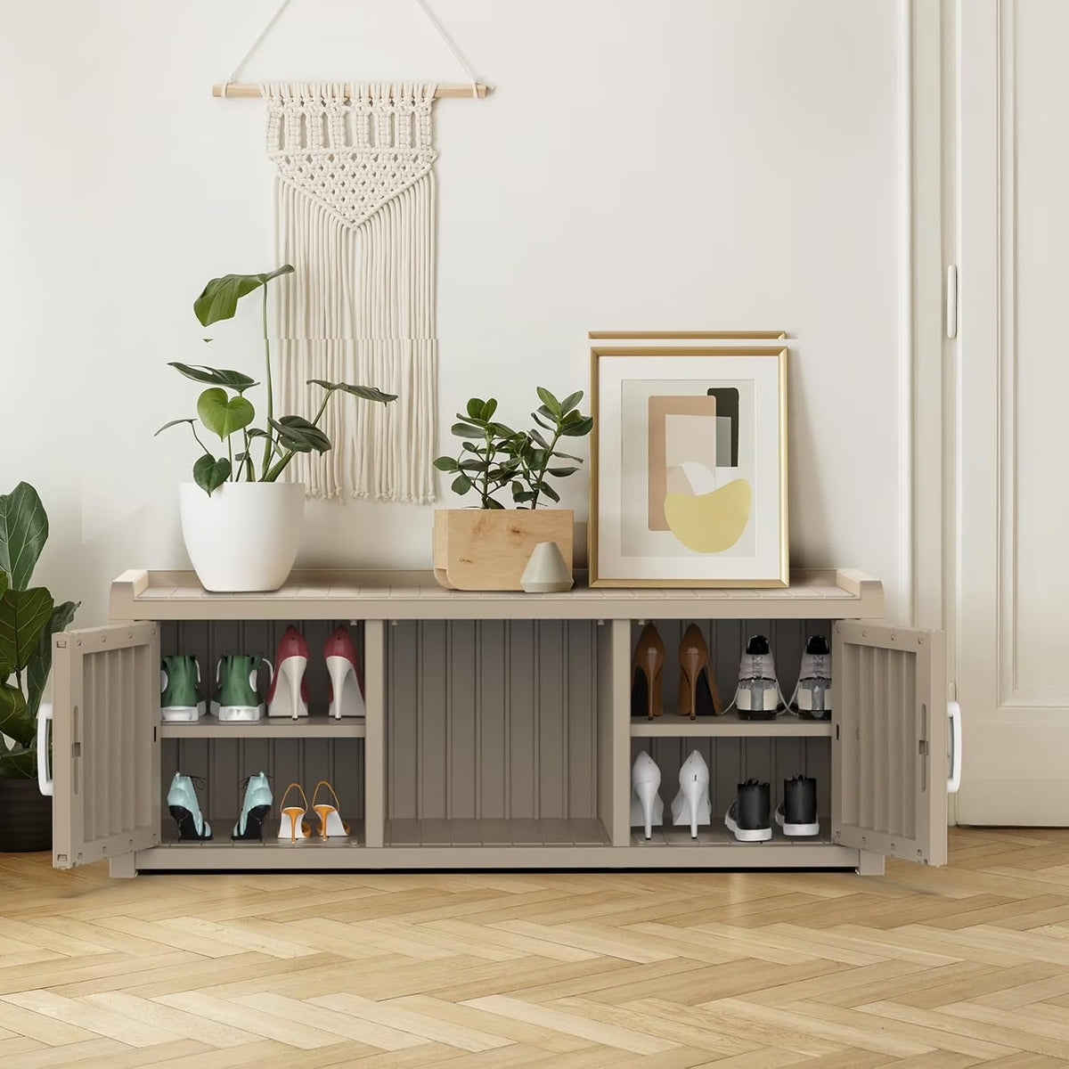 Joxxoaa storage Benches 120 Gallon 2-Door Shoe Cabinet – Resin Shoe Bench with Storage for Shoes & Accessories (Grey, Two-Door)