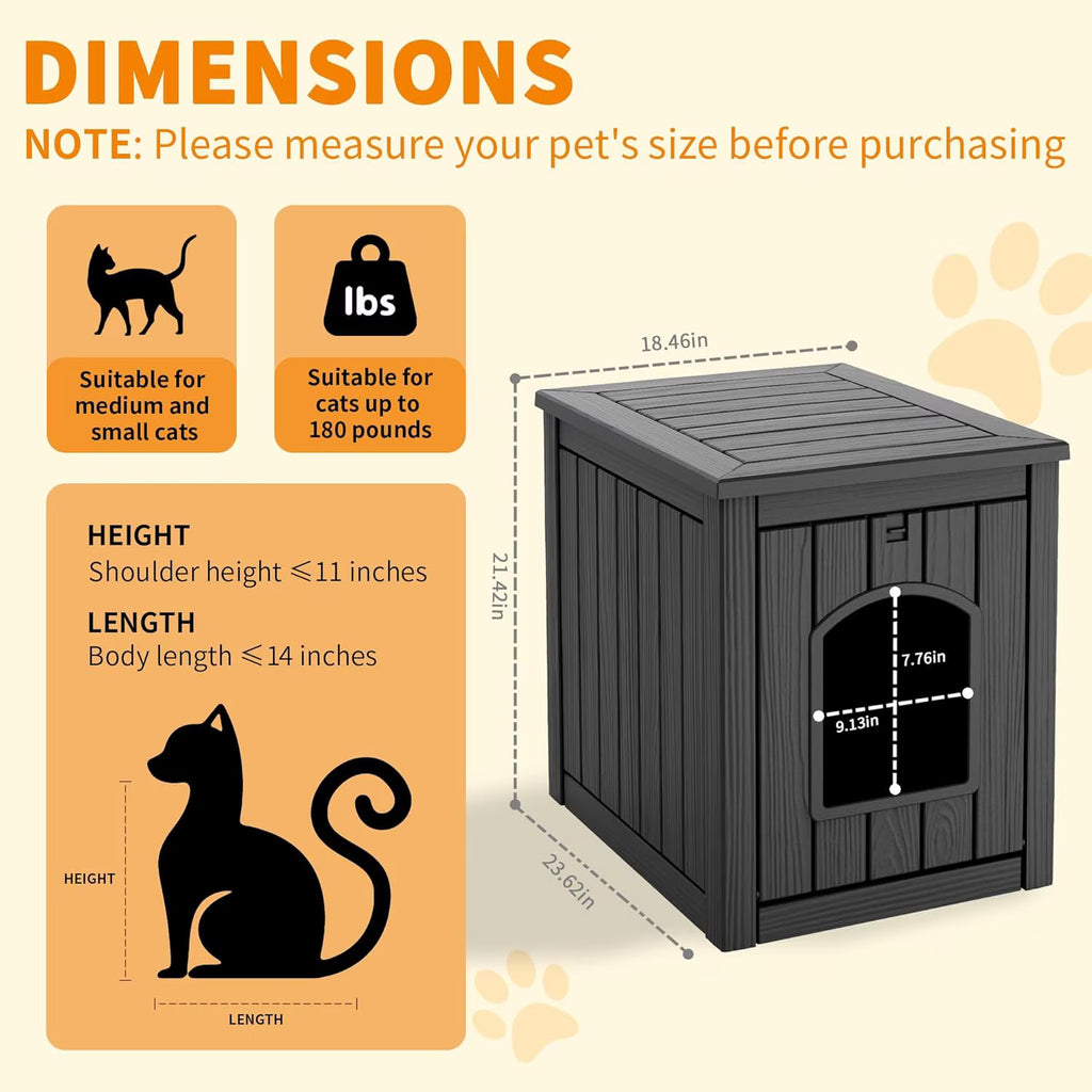 Joxxoaa Resin Outdoor Pet Shelter, Weatherproof Ventilated Insulated Cat House, Multi-Functional Bed for Kittens and Puppies, Black