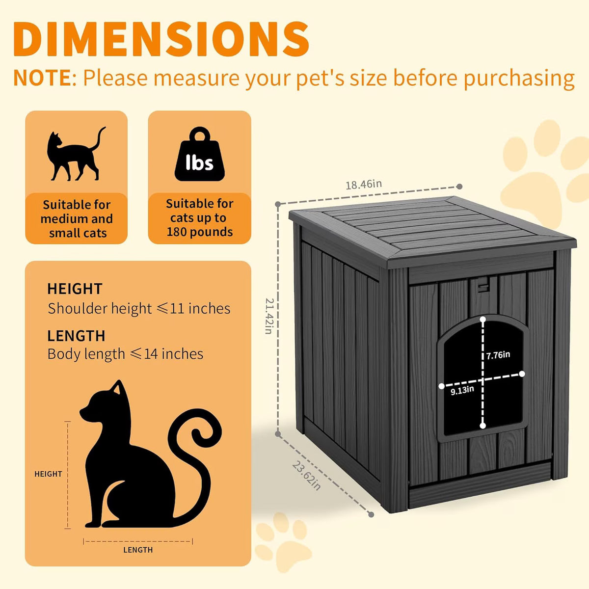 Joxxoaa Resin Outdoor Pet Shelter, Weatherproof Ventilated Insulated Cat House, Multi-Functional Bed for Kittens and Puppies, Black