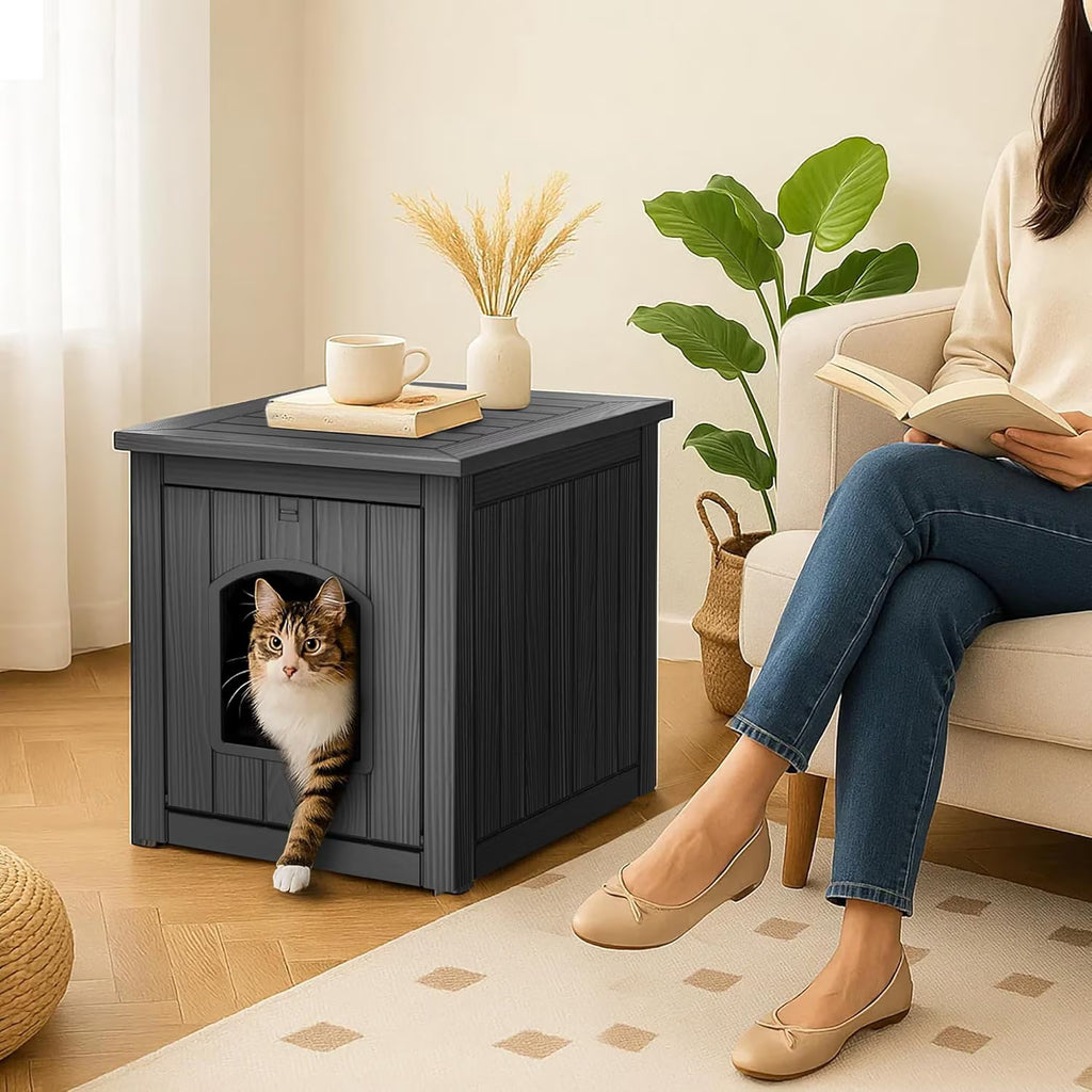 Joxxoaa Resin Outdoor Pet Shelter, Weatherproof Ventilated Insulated Cat House, Multi-Functional Bed for Kittens and Puppies, Black