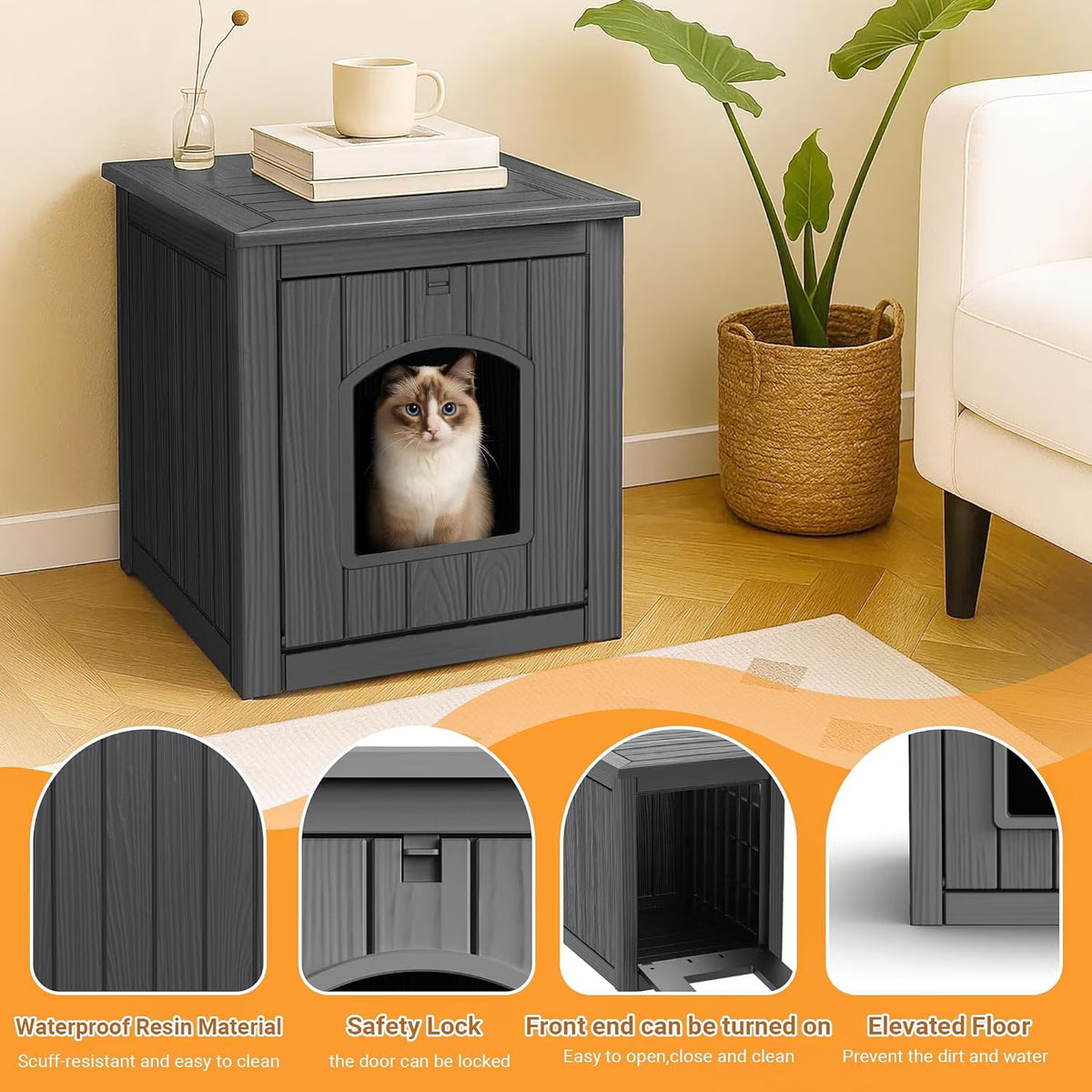 Joxxoaa Resin Outdoor Pet Shelter, Weatherproof Ventilated Insulated Cat House, Multi-Functional Bed for Kittens and Puppies, Black