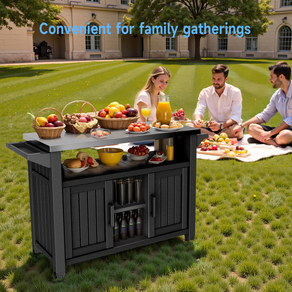 Joxxoaa Outdoor Grill Carts with Wheels,Kitchen Rolling Island with Spice Rack & Towel Rack, Knife Holder, Kitchen Island Cart with Trash Storage Cabinet, Mobile Island Table for Kitchen