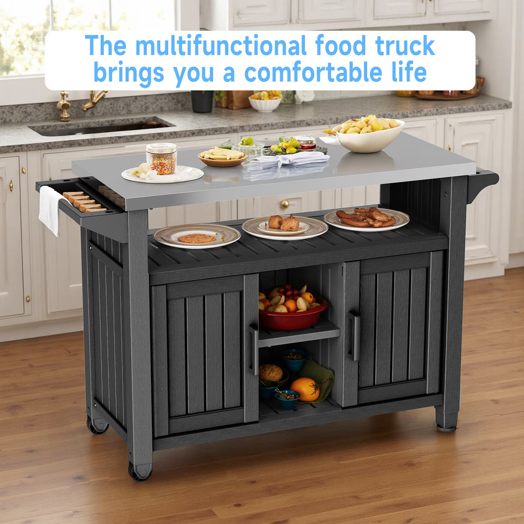 Joxxoaa Outdoor Grill Carts with Wheels,Kitchen Rolling Island with Spice Rack & Towel Rack, Knife Holder, Kitchen Island Cart with Trash Storage Cabinet, Mobile Island Table for Kitchen
