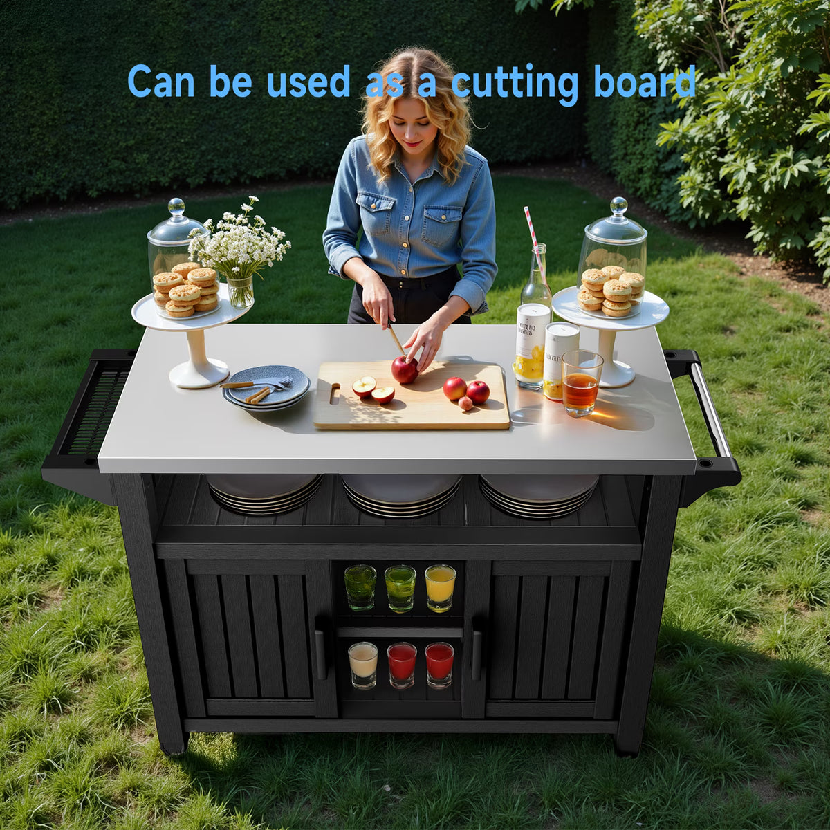 Joxxoaa Outdoor Grill Carts with Wheels,Kitchen Rolling Island with Spice Rack & Towel Rack, Knife Holder, Kitchen Island Cart with Trash Storage Cabinet, Mobile Island Table for Kitchen