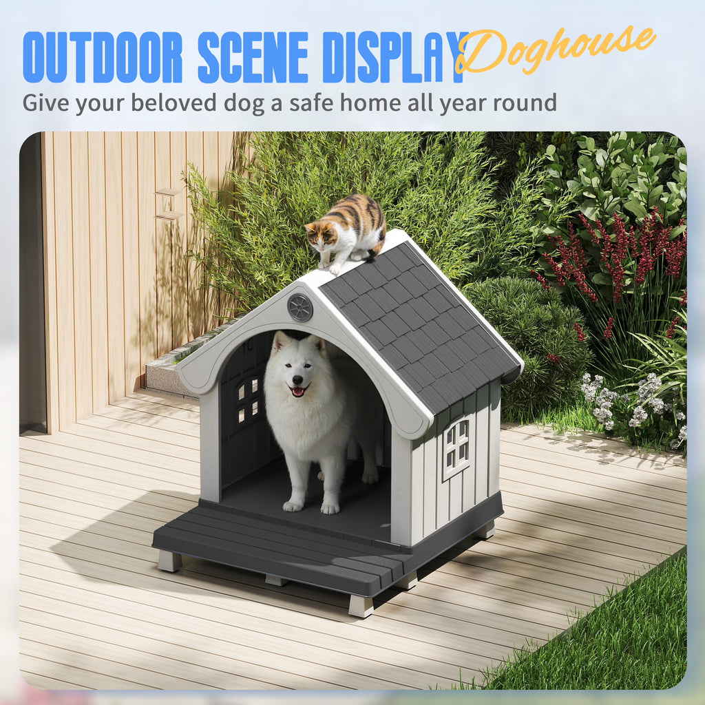 Joxxoaa Dog House Resin Dog Kennel with Cute Elegant Design & Extended Elevated Floor, Dog Houses for Large Dogs Outside Weatherproof for Indoor & Outdoor Use