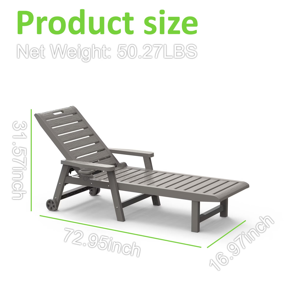 Joxxoaa Outdoor resin lounge chair, adjustable tilt patio chair, waterproof and easy to clean, with wheels and cup holder, suitable for poolside backyards. Gray/Black