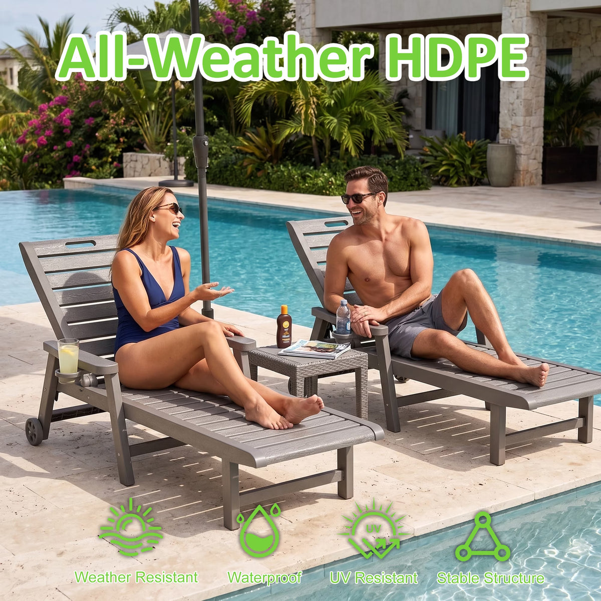 Joxxoaa Outdoor resin lounge chair, adjustable tilt patio chair, waterproof and easy to clean, with wheels and cup holder, suitable for poolside backyards. Gray/Black
