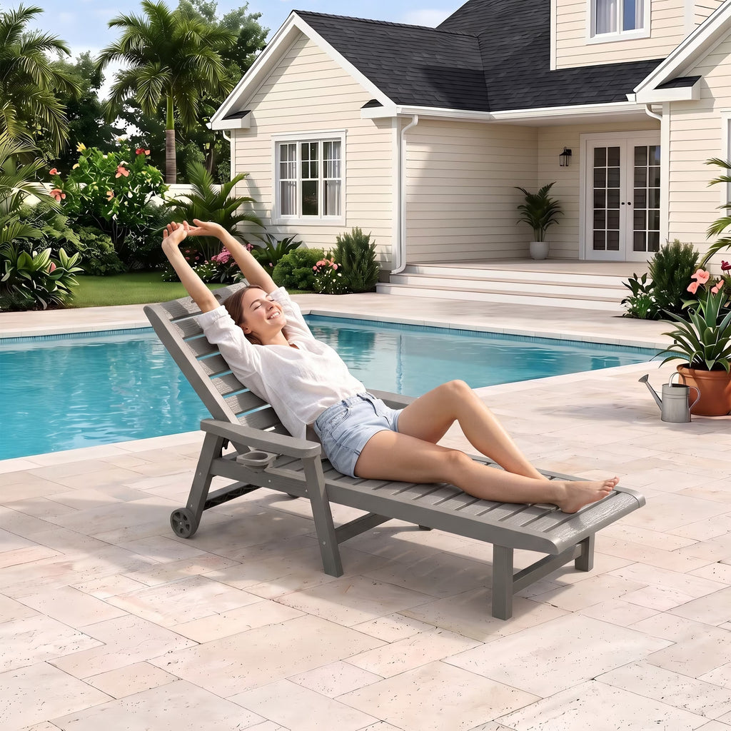 Joxxoaa Outdoor resin lounge chair, adjustable tilt patio chair, waterproof and easy to clean, with wheels and cup holder, suitable for poolside backyards. Gray/Black
